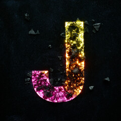High quality photo of multicolored gradient neon colors capital letter J on black textured...