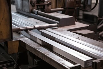 aluminum bar being cut to specified length for manufacturing process, created with generative ai