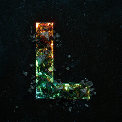 High quality photo of multicolored gradient neon colors capital letter L on black textured...