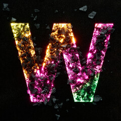 High quality photo of multicolored gradient neon colors capital letter W on black textured background with black stones.