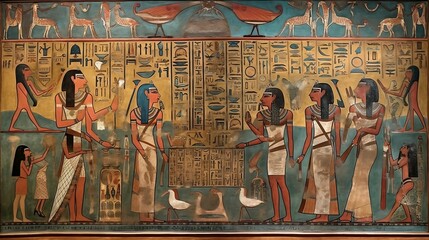 an ancient Egyptian mural situated inside a temple. a realistic and captivating representation of an ancient Egyptian mural. generative AI - obrazy, fototapety, plakaty