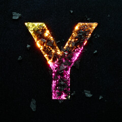 High quality photo of multicolored gradient neon colors capital letter Y on black textured...