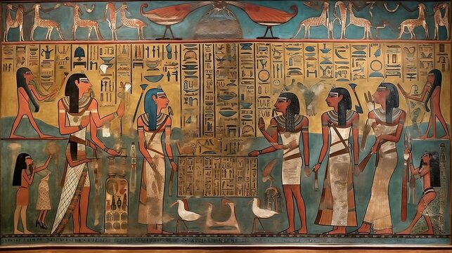 an ancient Egyptian mural situated inside a temple. a realistic and captivating representation of an ancient Egyptian mural. generative AI