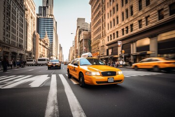 A yellow taxi in the streets of New York created with generative AI technology. - obrazy, fototapety, plakaty