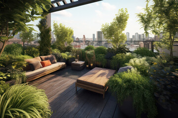 Sustainable living practices in urban areas. Eco friendly home design and living. garden on rooftop. generative ai