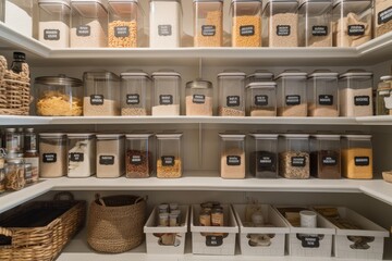 a well-organized pantry with labeled and dated food packages, created with generative ai