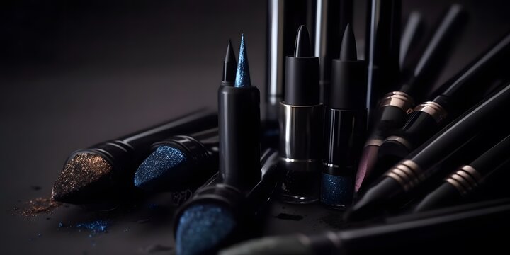 Close-up shot of makeup products like eyeliners. Generative Ai.