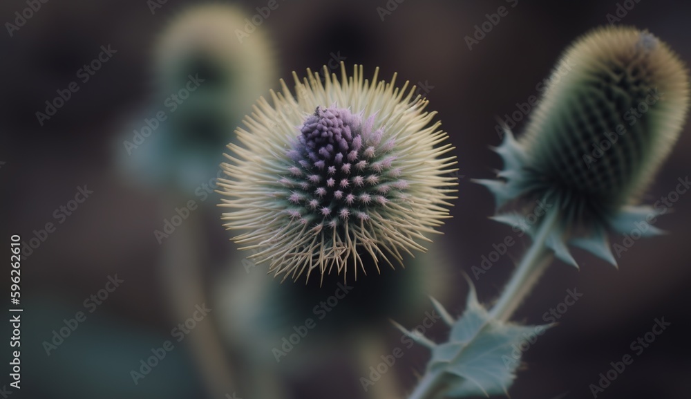 Aufkleber close-up of a burdock plant with the focus set vertically generative ai
