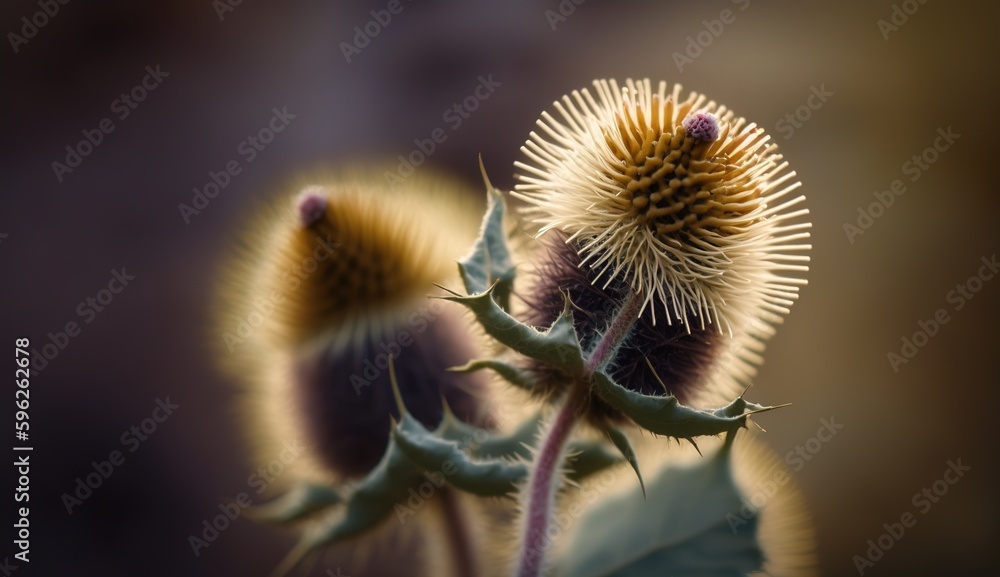 Aufkleber close-up of a burdock plant with the focus set vertically generative ai