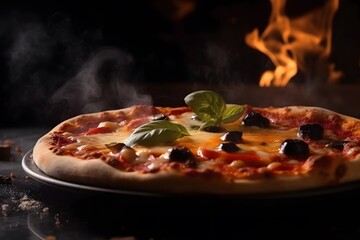 Close-up shot of steaming hot wood-fired oven pizza on a wooden plate. Generative Ai - obrazy, fototapety, plakaty