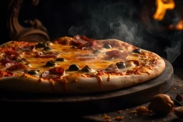 Foto op Plexiglas Close-up shot of steaming hot wood-fired oven pizza on a wooden plate. Generative Ai © ckybe