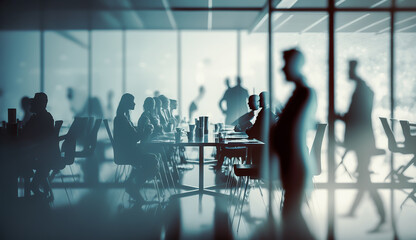 blurred business people in white glass office background, Generative AI.