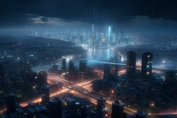 Fototapeta na wymiar Illustration of futuristic city in darkness. Generative AI