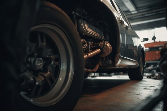 Mechanic's view of car beneath - exhaust system, AWD transaxle, gas tank, suspension. Garage repair, road service. Generative AI