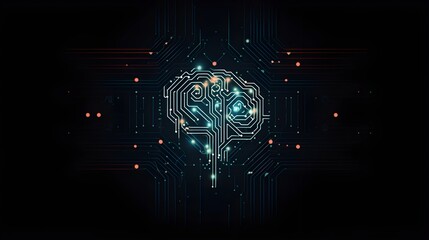 Digital brain with circuits, minimalistic Artificial Intelligence AI. Can be a featured image for articles, logo or wallpaper. Black background.