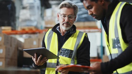 Two warehouse workers scanning SKU's into a warehouse management system using a barcode scanner - Powered by Adobe