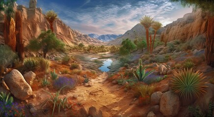 The landscape of 10,000 BC was desertic and tropical, with arid conditions, little vegetation, and large sandy areas. It was hot and dry with limited rainfall. Game background. AI-generated