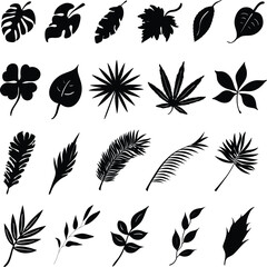 Set of 21 realistic leaf silhouettes black color shapes