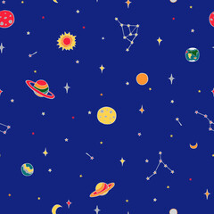 Starry sky. Seamless vector colored pattern. Cute childish cartoon hand drawing.