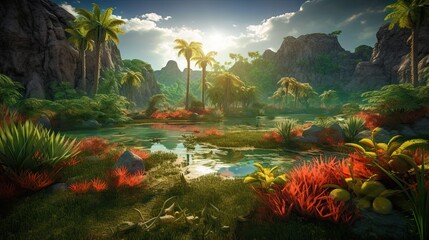 Tropical forests of 10,000 BC dynamic environment, teeming with life and biodiversity. They were an important part of the natural world, providing habitat for a wide range of species. AI-generated - 596263009