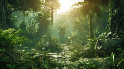 10,000 BC tropical forests were lush, diverse and full of life. The climate was generally warmer and wetter, which supported dense vegetation and a wide range of species. Game background. AI-generated - 596263027
