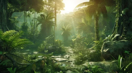 Deurstickers 10,000 BC tropical forests were lush, diverse and full of life. The climate was generally warmer and wetter, which supported dense vegetation and a wide range of species. Game background. AI-generated © bennymarty