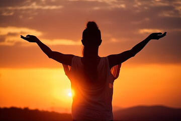 Fototapeta premium Serenity in Nature: Young Girl Embracing Yoga and Meditation in the sunset. Generative AI