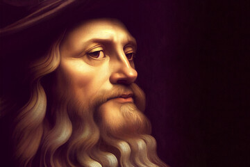 Oil painting portraits of the great polymath Leonardo da Vinci, and historical figures, can be used for education, and cultural commentary, Generative Ai. - obrazy, fototapety, plakaty