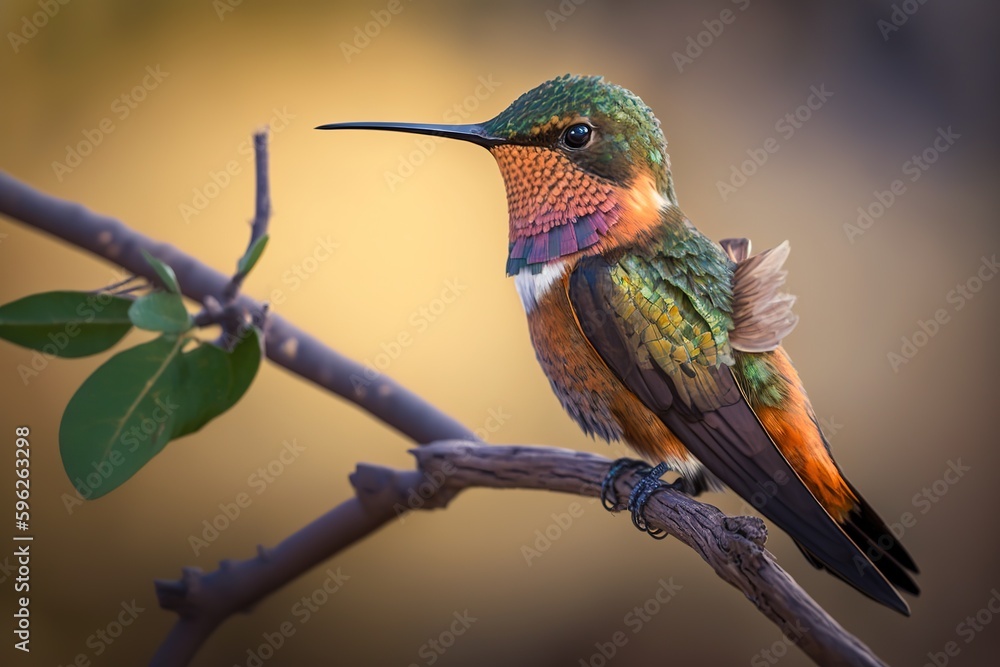 Poster a hummingbird sits vertically on a tree branch. generative ai
