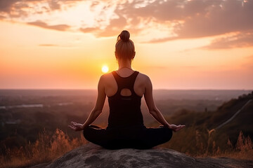Serenity in Nature: Young Girl Embracing Yoga and Meditation in the sunset. Generative AI