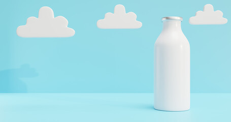 A bottle of milk on the table against the background of clouds.Day 3d rendering.