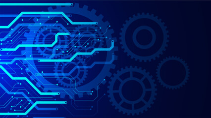 Gears with electronic circuit board digital high technology concept. Cyber security, mechanical engineering background design.