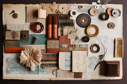 Combined various materials like paper scraps, photos or found objects together into a cohesive composition that can be used as a modern background graphic. Generative Ai.