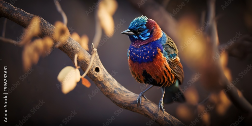 Poster beautiful bunting bird captured in a vertical selective focus photo, perched on a slender tree limb.