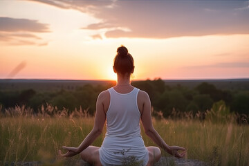 Serenity in Nature: Young Girl Embracing Yoga and Meditation in the sunset. Generative AI