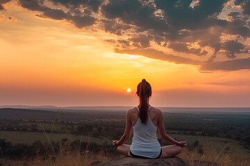 Serenity in Nature: Young Girl Embracing Yoga and Meditation in the sunset. Generative AI