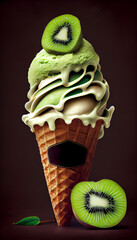 Illustration of kiwi ice cream with kiwi slices in a waffle cone. A popular summer cold treat. Generated by artificial intelligence