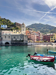 View of the town of Vernazza , one of the towns of the famous Cinque Terre in the province of La Spezia, Liguria, northern Italy