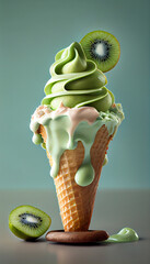Illustration of kiwi ice cream with kiwi slices in a waffle cone. A popular summer cold treat. Generated by artificial intelligence