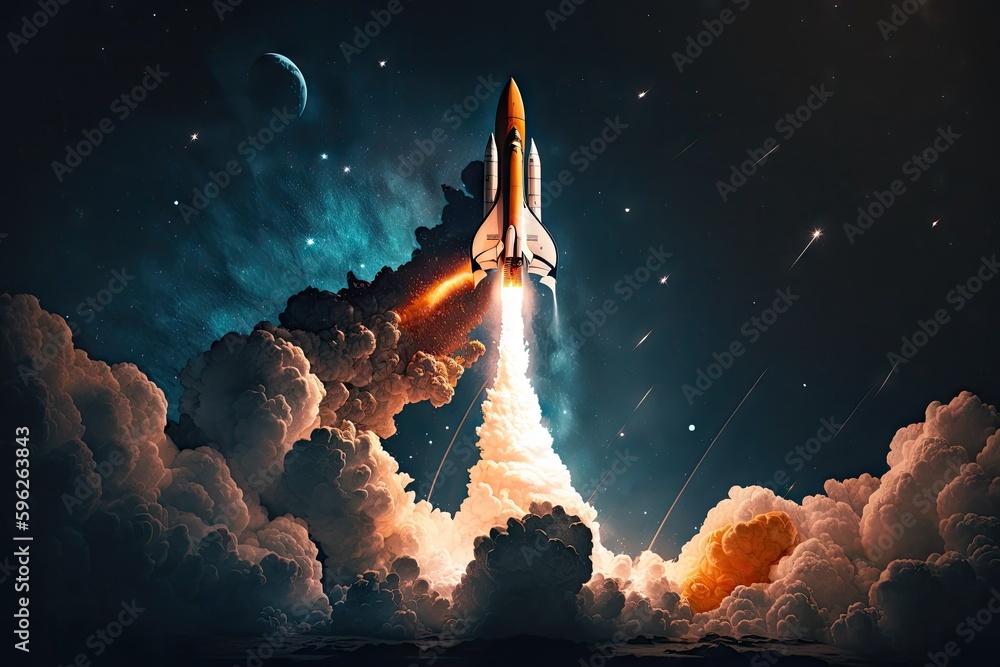 Canvas Prints a rocket blasting off into the night sky against a starry backdrop, created with generative ai