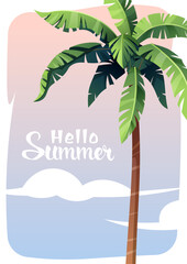 Summer card with a palm tree on the background of the sky. Simple vector design for poster, banner, flyer. Cartoon style.