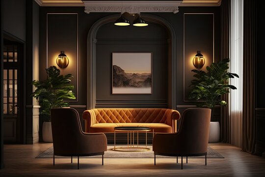 empty luxury hotel reception with warm and welcoming atmosphere and cozy interior design, created with generative ai