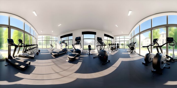 Modern fitness gym with sport exercise equipment full 360 degree panorama