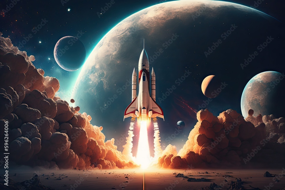 Sticker rocket launching into space, with planet and stars in the background, created with generative ai