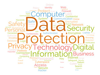 Word cloud background concept for Data protection. Digital security, network technology encryption of cyber cloud safety. vector illustration.
