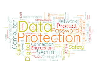 Word cloud background concept for Data protection. Digital security, network technology encryption of cyber cloud safety. vector illustration.