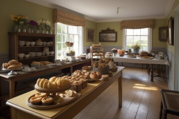 tearoom, with selection of artisan breads and pastries for guests to enjoy, created with generative ai