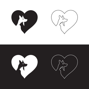 Love pet cat and dog animal logo design . Line art illustration