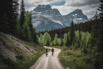Fototapeta na wymiar Cycling Adventure: Two cyclists biking through scenic roads surrounded by mountains and trees. Generative Ai.