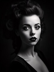 Fototapeta na wymiar Dramatic Black and White Beautiful Womna Portrait with Bold Eyeliner. Generative Ai